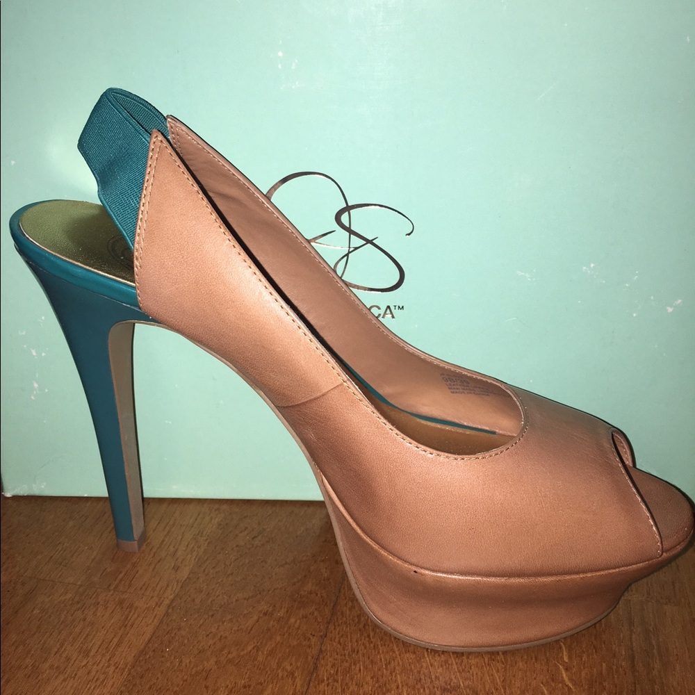 Stylish Tan and Teal Peep-Toe Heels